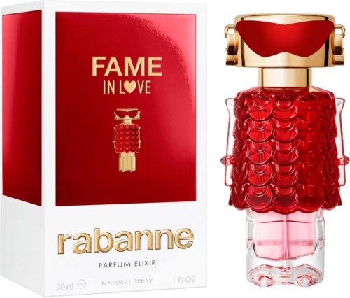 Een parfumfles in de vorm van een vrouw met een rood, patroon jurk en gouden top, naast een rood en goud doos.