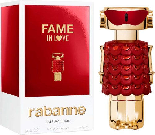 Een parfumfles en doos genaamd Rabanne Fame, ontworpen met een rood en goud speelgoedrobot-thema.