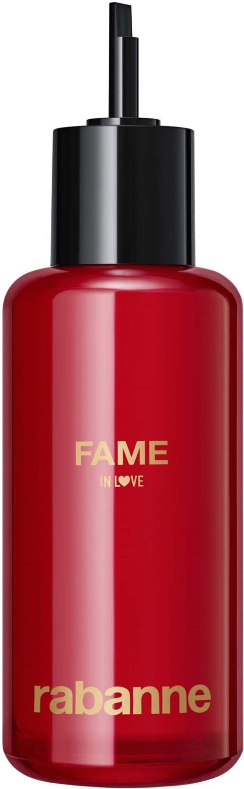 Een rode fles met 'Fame' door Rabanne, met een zwarte dop en pomp, waarschijnlijk parfum of cosmetisch product.