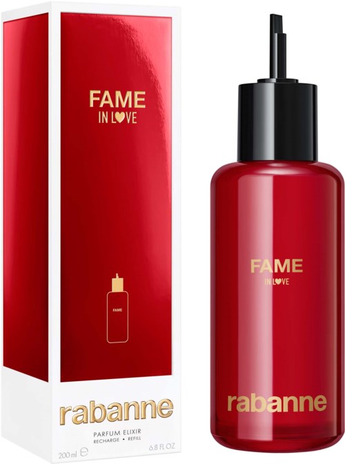 Een rode parfumfles en doos met 'FAME IN LOVE' van Rabanne zien er stijlvol uit.
