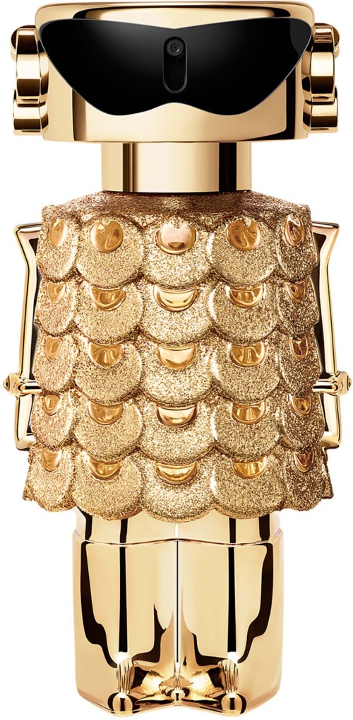 Een robotfiguur met een zwart hoofd, gouden accenten en een glanzende jurk versierd met gouden schubben.