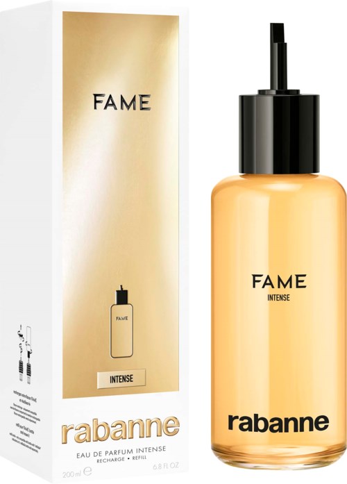 Een parfumfles en doos met 'FAME' en 'INTENSE' van Rabanne, met goud- en zwart ontwerp.
