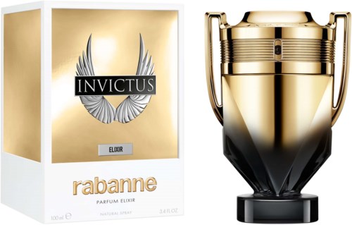 Een parfumfles en doos in goud en zwart, genaamd Rabanne Invictus Elixir, met een vleugeltrofee-ontwerp.