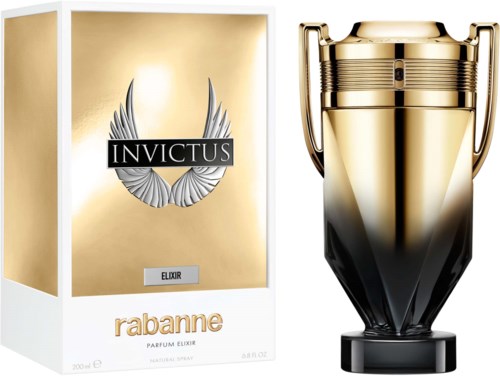 Een parfumfles en doos in goud en zwart, gelabeld Invictus en Rabanne, in trofee-achtig vorm.