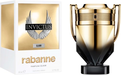 Een parfumdoos met vleugel logo, gouden en zwarte trofee, en de woorden Rabanne, Invictus en Elixir.