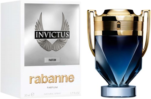 Een parfumfles en doos, gelabeld 'Invictus' en 'Rabanne', met een elegant, blauw en goud trofeevormig blik.
