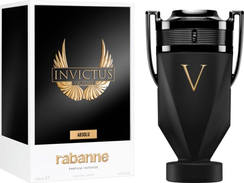 En parfymflaska och box med svart och guld design, märkt 'Invictus' och 'Absolu', med ett elegant, modernt utseende.