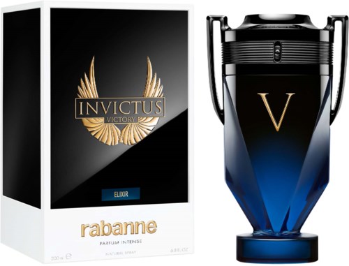 En parfyllåda bredvid en svart och guldkantad förpackning med texten 'Invictus Victory' och 'Rabanne'.