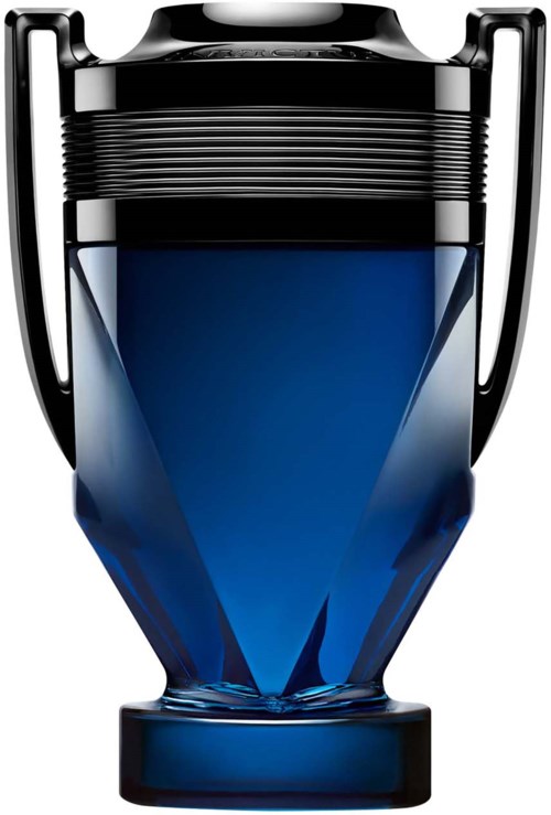 En blå parfymeflaske med sort rund låg og elegant, facetindelt glas.