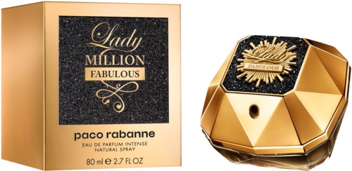 A gold and black perfume bottle and box labeled 'Lady Million Fabulous' by Paco Rabanne.