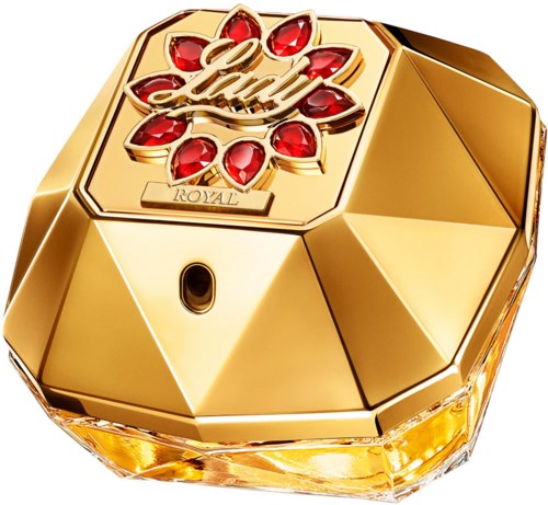 En fin, guldig parfyllflaska med ett rött gemstones blommor och en "Lilly" etikett på toppen.