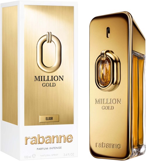 A gold-colored perfume bottle and box with the words "Million Gold" and "Rabanne" on them.