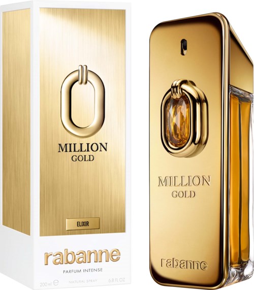 Ett guldfärgat parfymflaska och förpackning med etiketten 'Million Gold' från Rabanne.