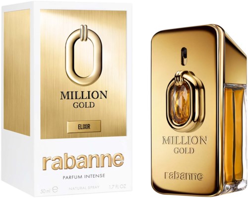 Gouden perfume fles en doos met label 'Million Gold', merk 'Rabanne'.