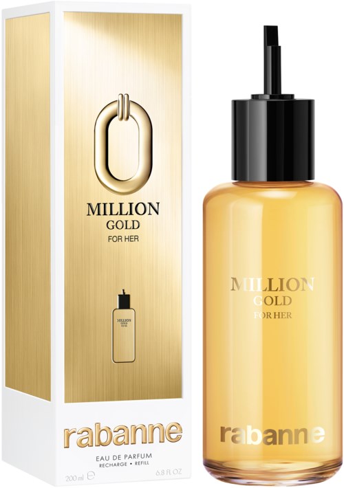 A perfume bottle with a gold liquid, black cap, and a gold box, labeled 'Million Gold for Her' by Rabanne.