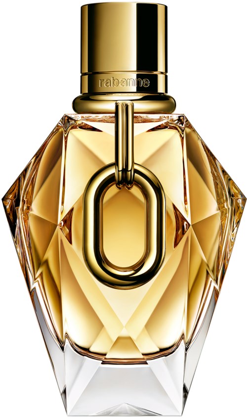A luxurious perfume bottle with a geometric, jewel-like glass design and a gold cap and chain.