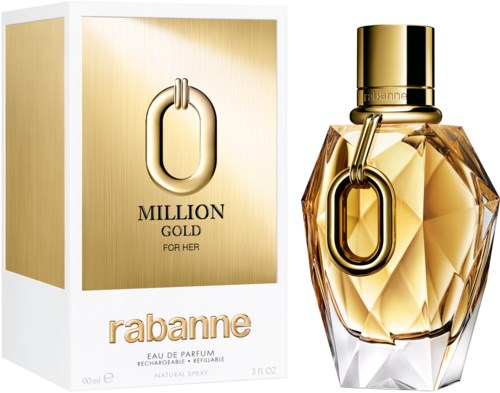 A perfume bottle with gold accents and a matching box labeled 'Million Gold for Her' by Rabanne.