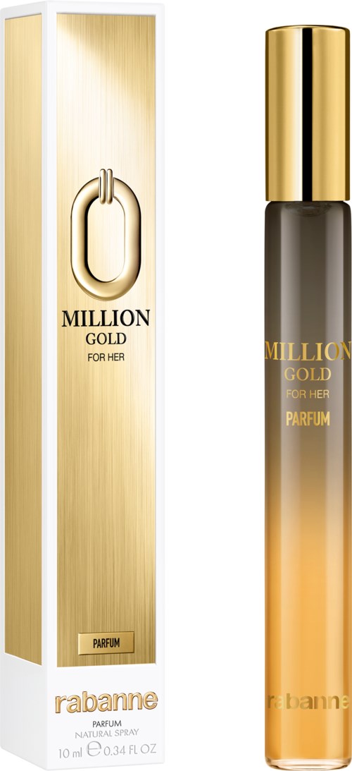 En parfymflaske og æske med guld og sort farver, kaldet "Million Gold for Her" af Rabanne.