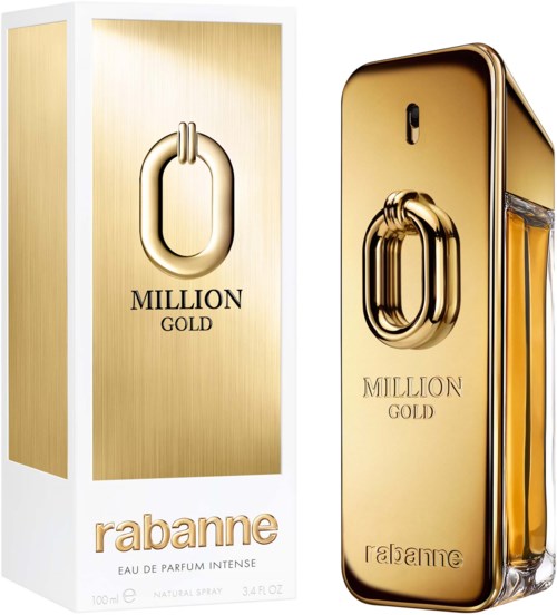 Een parfumfles in de vorm van een gouden bar met "Million Gold" en Rabanne, en de bijbehorende doos.
