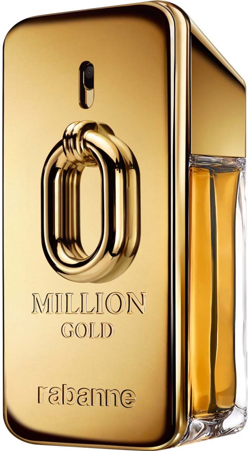 Een parfumfles in de vorm van een goudstaaf met een doorzichtig deel dat amberkleurige vloeistof toont. De fles heeft de woorden "Million Gold" en "Rabanne."