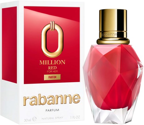 Czerwona butelka perfum z złotym korkiem i geometrycznym wzorem, obok pasujące czerwono-białe opakowanie oznaczone Rabanne Million Red.