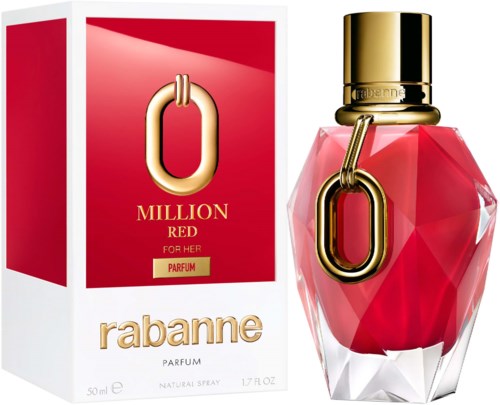 Butelka perfum i opakowanie Rabanne Million Red for Her, z czerwonym i złotym designem oraz logo.