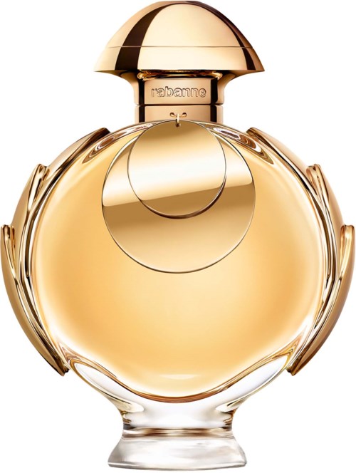 Een ronde parfumfles met een goudkopp en decoratieve gouden details, gevuld met goudkleurige parfum.