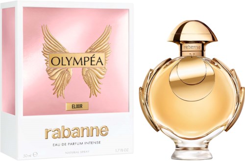 Een parfumfles en doos met roze achtergrond, goudvleugelontwerp en de naam Rabanne, Elixir, Olympéa.