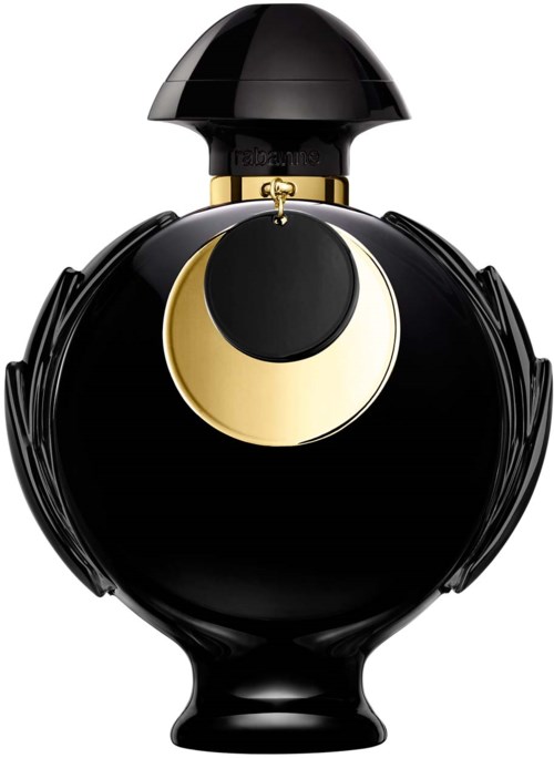 Een zwarte parfumfles met een ronde, gouden en zwarte dop en decoratieve vleugels. Het ziet er elegant en luxe uit.