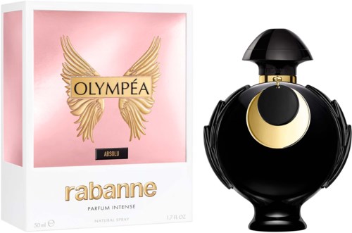 Een parfumdoos met Olympéa Absolu en een zwarte parfumfles met gouden details.
