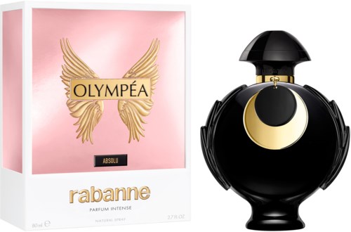 Een parfumdoos met gouden vleugels en het woord 'OLYMPEA'; daarnaast een zwart en goud parfumflesje.