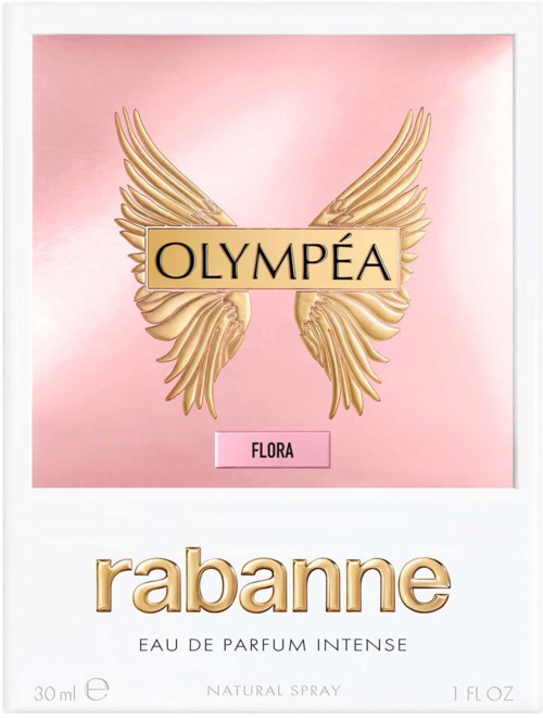 Roze achtergrond met gouden vleugels, tekst over een parfum genaamd 'OLYMPEA' en het merk 'rbanne'.