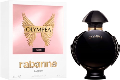 En parfyllåda och flaska, båda märkta "OLYMPEA." Boxen är rosa med gyllene vingar och 'rabbane' skrivet.