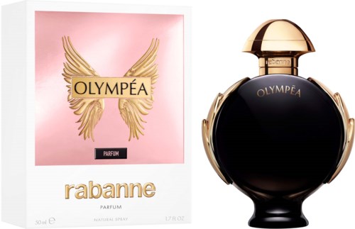 Parfumdoos met gouden vleugels, naam OLYMÉA, en een zwart en goud parfumflesje.