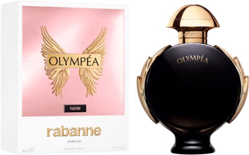 Een parfumfles en doos. De doos is roze met gouden vleugels en de naam Olympéa. De fles is rond, zwart, met een gouden dop.
