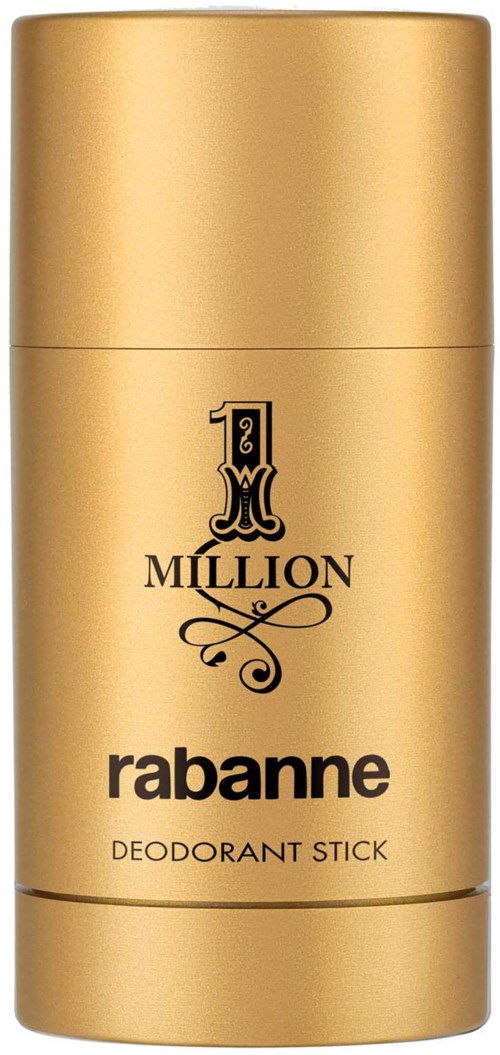 Een gouden deodorant-stick container met zwarte tekst, gemarkeerd "1 MILLION rabanne" en "DEODORANT STICK."