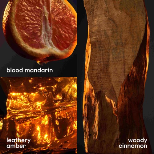De afbeelding toont een bloedmandarijn, leren amber en houtachtige kaneel texturen, als collage.