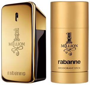 Ein goldfarbener Deodorant in Stiftform mit den Marken 'Million' und 'Rabanne'.