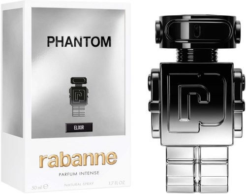 En parfymeflaske og eske er vist. Esken har teksten "PHANTOM" og "rabelle PARFUM INTENSE." Flasken ser ut som en robot.