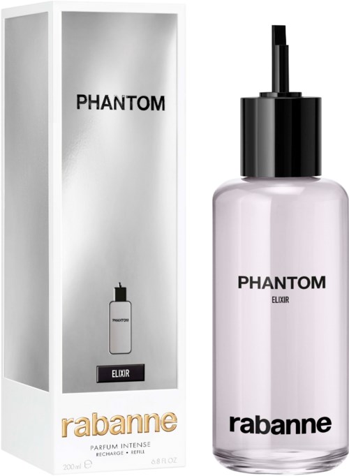 En parfymeflaske med spray, merket Phantom Elixir, ved siden av boksen som også viser samme produkt.