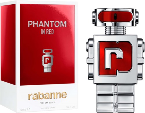 Een zilveren robotvormige fles met rode accenten, naast een rood-wit doosje voor Phantom in Red parfum.
