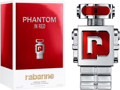 Een robotfiguur met een rood en zilverkleurig lichaam naast een rood doosje met 'PHANTOM IN RED' en 'rabbane' parfum.