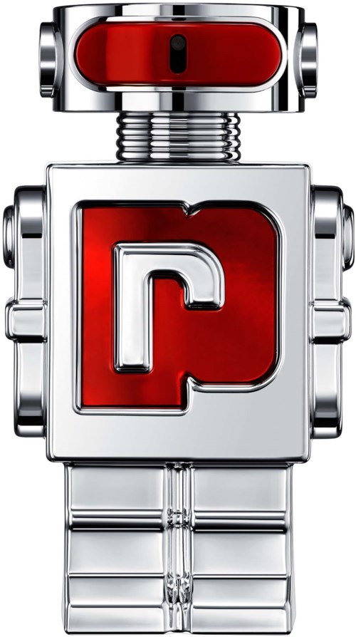 Een glanzende metalen robot met een rood gezicht en een rode letter 'D' op de borst.
