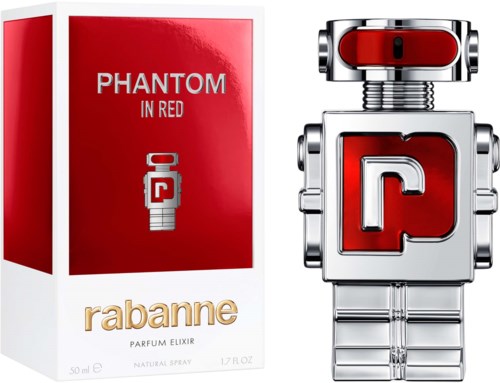 Een parfumdoos genaamd 'Phantom in Red' naast een glanzende robotvormige parfumfles met rood en zilver.