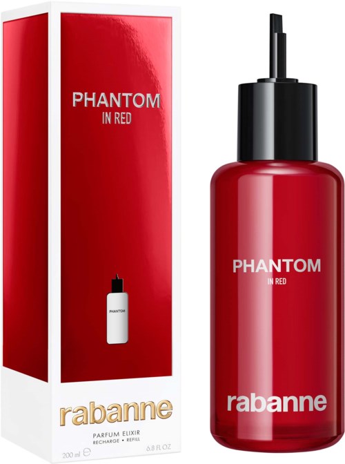 Een rode parfumfles en doos met de teksten "Phantom in Red" en "rabanne" op beide items.
