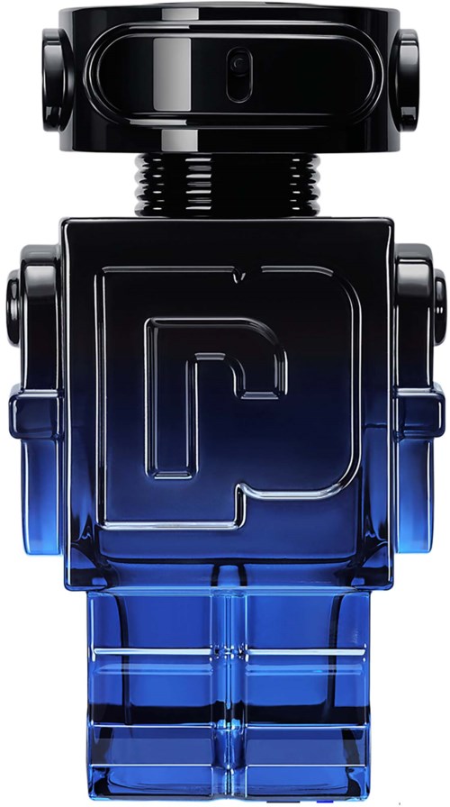 A small robot with a black head and a blue, transparent body. It has a square chest with a design on it.
