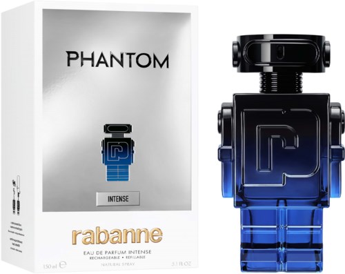 A perfume box with the word 'PHANTOM' and a blue robot-shaped perfume bottle beside it.