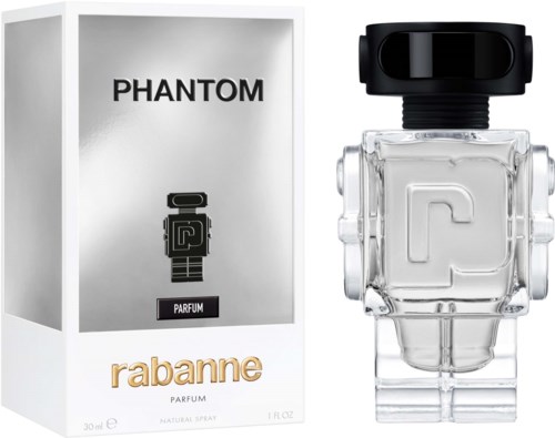 En klar glasparfume-flaske med sort låg ved siden af en hvid kasse med sort og guld tekst, viser Rabanne Phantom.