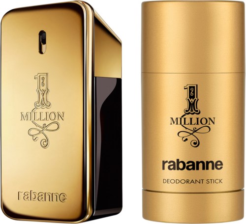 Guldfärgad deodorantbehållare och matchande tändare med svart och guld etikett. Båda har varumärket 'Rabanne' och dekorativa bokstäver.