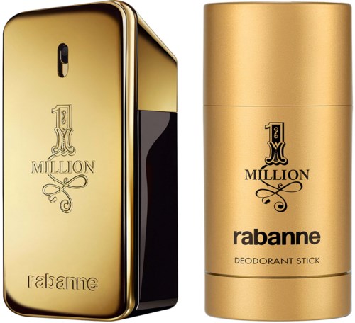 Goldfarbener Deostickbehälter mit schwarzem Text und Logo, neben einem passenden goldenen Rechteckspray.